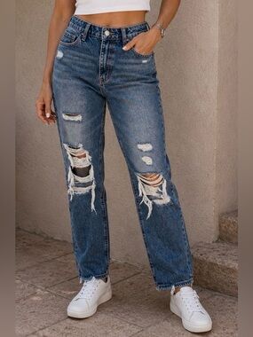 Vervet Distressed Cropped Straight Leg Jeans Medium Wash Raw Hem Size 26